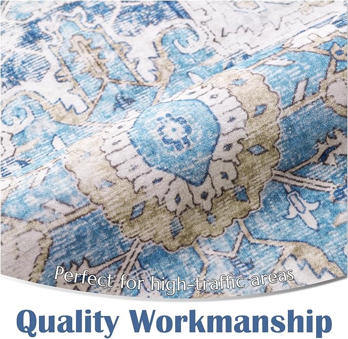 jinchan Kelda Runner Rug 2x6 Washable Rug Soft Hallway Runner Indoor Vintage Print Floor Cover Retro Distressed Lightweight Non-Slip Thin Carpet for Bathroom Kitchen Living Room Bedroom Blue