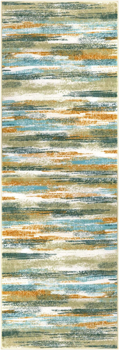 Modern Abstract Runner Rug 2.6x16, Green Mustard Multi Washable Long Kitchen Runner Non-Slip Soft Hallway Rug Runner Thin Print Faux Wool Carpet for Entryway Bedroom Laundry Room Indoor