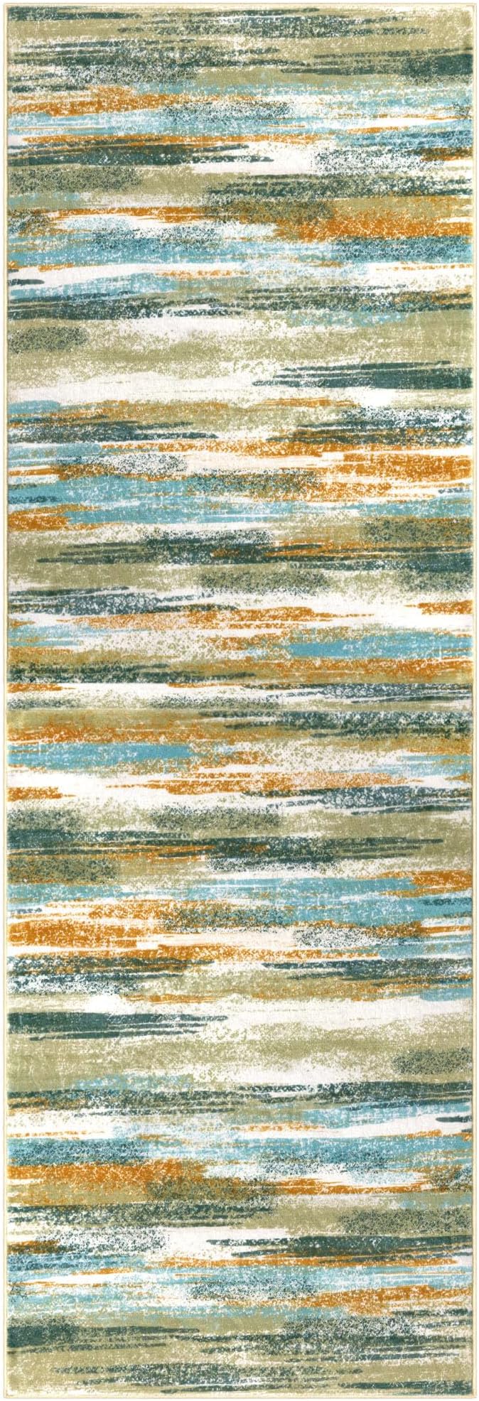 Modern Abstract Runner Rug 2x12, Green Mustard Multi Washable Long Kitchen Runner Non-Slip Soft Hallway Rug Runner Thin Print Faux Wool Carpet for Entryway Bedroom Laundry Room Indoor