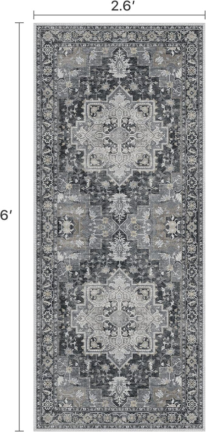 Runner Rug 2'6''x6, Machine Washable Runners, Non Slip Vintage Hallway Runner Rugs, Low Pile Lightweight Mat for Entryway, Hallway, Kitchen and Corridor, Dark Gray