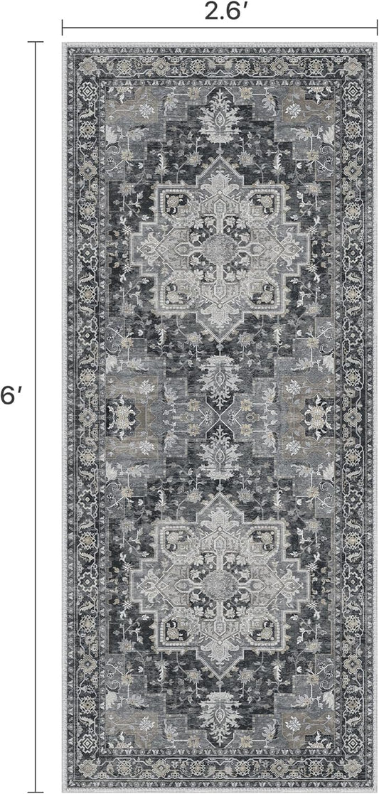 Runner Rug 2'6''x6, Machine Washable Runners, Non Slip Vintage Hallway Runner Rugs, Low Pile Lightweight Mat for Entryway, Hallway, Kitchen and Corridor, Dark Gray