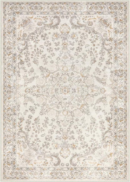 Wonnitar Vintage 5x7 Washable Rug, Neutral Rugs for Living Room Decor, Beige Non Slip Ultra-Thin Soft Boho Floral Room Carpet for Bedroom Nursery Dining Room Farmhouse Office Home Décor