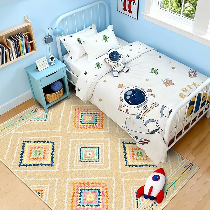 Area Rug 8x10 Rug Machine Washable Non-Slip Low Pile Print Pattern Western Rug for Living Room Bedroom Entryway Tribal Series -Cream/Beige