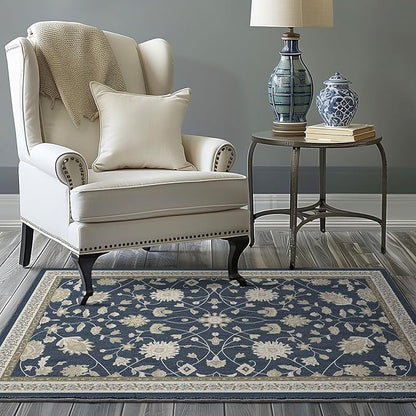 EVERGRACE Area Rugs for Living Room 3x5, Boho Floral Faux Wool Indoor Outdoor Rugs, Washable Rugs for Bedroom Entryway Dining Room Hallyway, Low Pile Floor Mat Carpet for Home Decor, Navy Blue