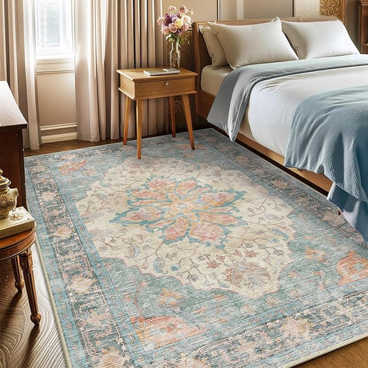 Area Rugs 5'x7' Washable Non-Slip, Floral Vintage Distress Print Pattern Medallion Carpet for Living Room Bedroom Dining Room, Blue Orange Red