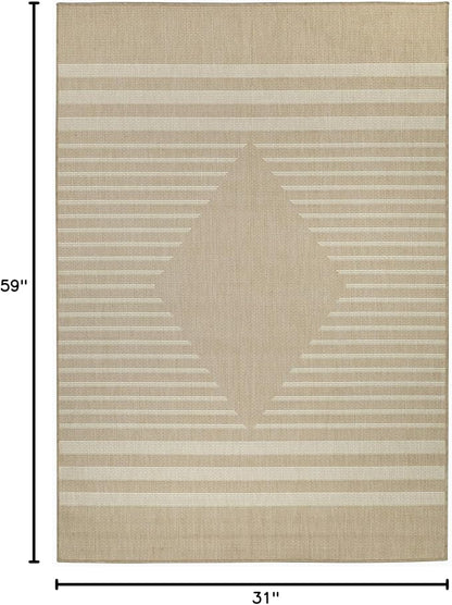 FH Home Flat Woven Outdoor Rug - Waterproof, Easy to Clean, Stain Resistant - Premium Polypropylene Yarn - Modern Geometric Kilim - Patio, Deck, Porch, Balcony - Mesa - Beige - 2ft 7in x 4ft 11in
