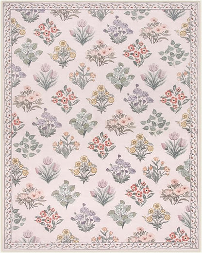 Wonnitar 8x10 Washable Rug, Pink Rugs for Girls Bedroom Decor, Boho Ultra-Thin Non Slip Soft Moroccan Floral Large Carpet for Living Room Baby Nursery Kids Playroom, Pale Pink