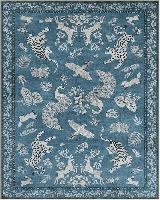 Moynesa Animal Area Rugs 8x10, Washable Luxurious Vintage Boho Blue Area Rug for Living Room Bedroom Dining Room Office Playroom, Foldable Low Pile Soft Non-Slip Carpets for Indoor