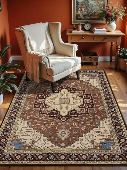 3x5 Mousse Brown Area Rug for Living Room, Machine Washable Rugs with Non-Slip Backing for Bedroom, Vintage Medallion Carpet Kitchen Laundry Kids Room Decor