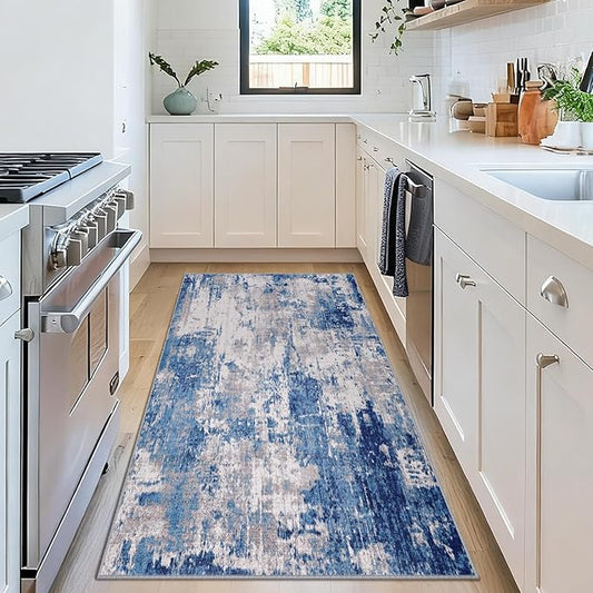 Washable Area Rugs 2'x4' Non-Slip Modern Abstract Soft for Living Room Entryway Bedroom Nursery, Print Pattern, Blue Grey Navy Gray