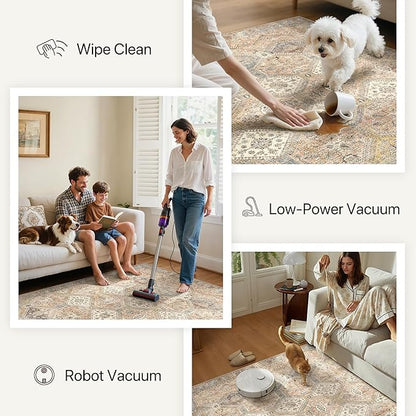 Bavni 6x9 Area Rugs for Living Room, Machine Washable Rug Non Slip, Vintage Chenille Distressed Print Carpet, Large Low Pile Ultra-Thin Lightweight Rugs for Bedroom, Dining Room, Office, Wood Brown
