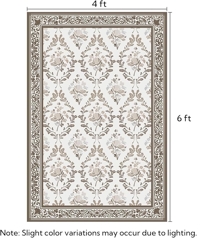 SOULFUL Medium Pile 4x6 Rugs for Living Room - Soft Underfoot Area Rug - Brown Boho Floral - Washable Non-Slip - Perfect for Bedroom Kids Room Under Dining Table Office
