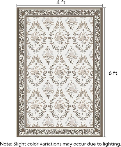 SOULFUL Medium Pile 4x6 Rugs for Living Room - Soft Underfoot Area Rug - Brown Boho Floral - Washable Non-Slip - Perfect for Bedroom Kids Room Under Dining Table Office