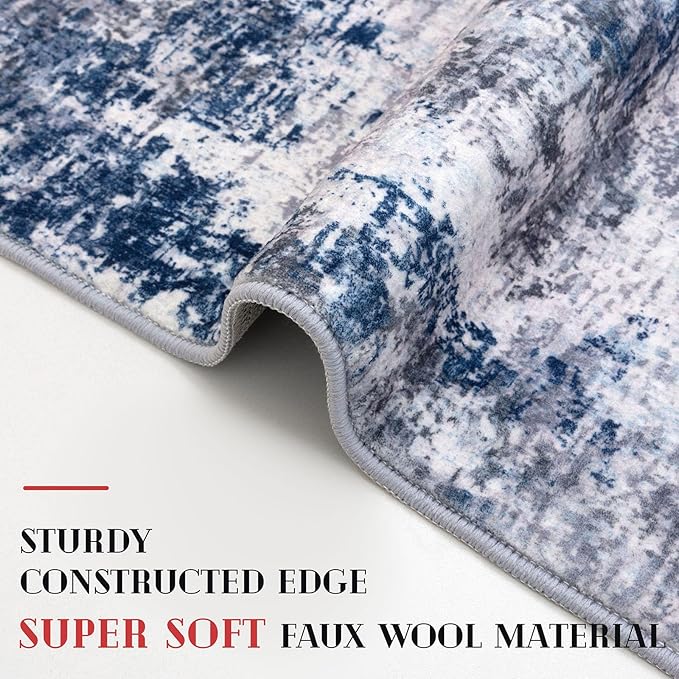 Modern Abstract Entryway Rug Indoor 2x3 Washable Non-Slip, Soft Grey Navy Blue Rug, Small Area Rug Kitchen Mat Thin Print Faux Wool Floor Carpet for Entrance Bedroom Office