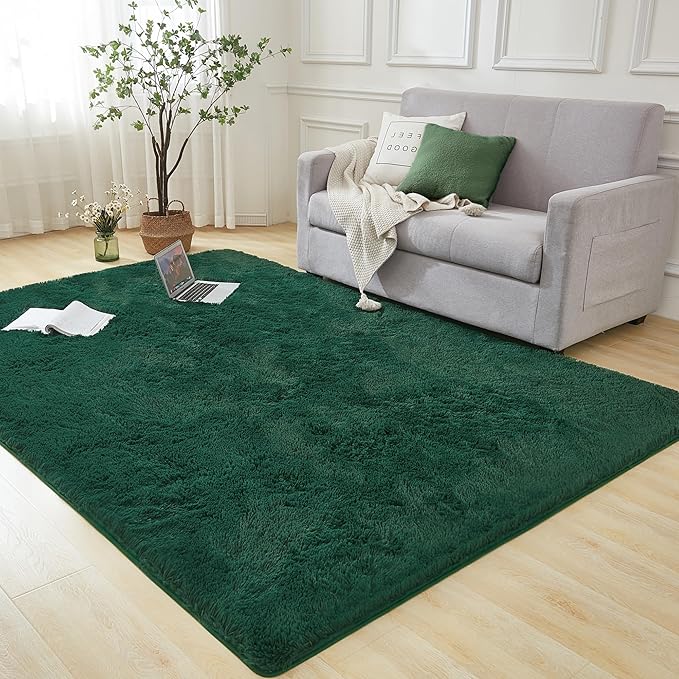 Andency Emerald Green Soft Area Rugs for Living Room Bedroom, 3x5 Non-Slip Fluffy Shag Carpet, Indoor Floor Fuzzy Shaggy Living Room Plush Rug for Kids Dorm Nursery Home Decor Aesthetic