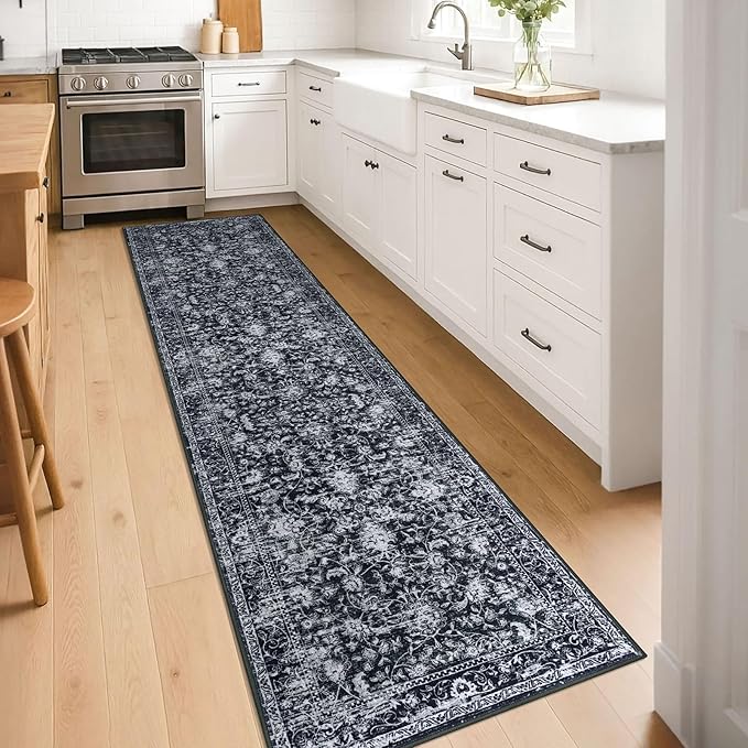 KILOCOCO Hallway Runner 2x8 Rug Runner Printed Vintage Floral Washable Kitchen Runners Non-slip Rubber Backed Runners for Hallways Distressed Thin Soft Rugs for Entryway Laundry Room, Black/Navy/White