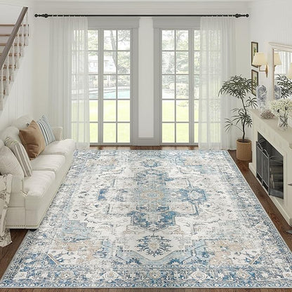 jinchan Kelda Area Rug 9x12 Washable Living Room Rug Vintage Indoor Large Floor Cover Distressed Lightweight Non-Slip Low Pile Thin Mat Accent Stain Resistant Carpet for Bedroom Office Blue