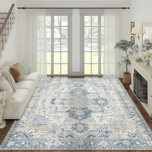 jinchan Kelda Area Rug 9x12 Washable Living Room Rug Vintage Indoor Large Floor Cover Distressed Lightweight Non-Slip Low Pile Thin Mat Accent Stain Resistant Carpet for Bedroom Office Blue