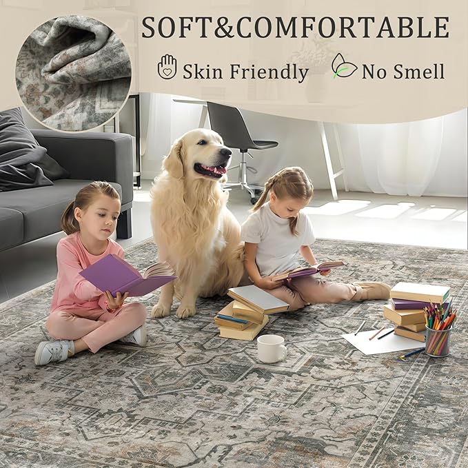 6x9 Machine Washable Area Rug for Living Room, Grey Rusty Boho Vintage Floral Rug Large Non-Slip Low Pile Soft Faux Wool Carpet, Kids and Pets Friendly for Bedroom Dining Room Farmhouse Decor Rug
