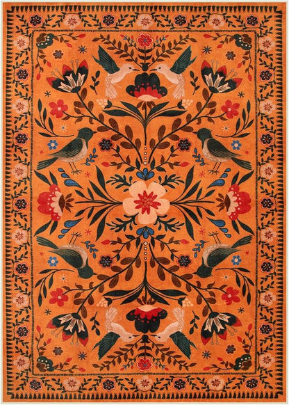 Moynesa Bedroom Rug 5x7, Washable Bohemian Scandinavian Orange Area Rugs for Living Room Dining Room Reading Coner, Modern Country Floral Bird Carpet, Fall Home Decor Non-Slip Protection