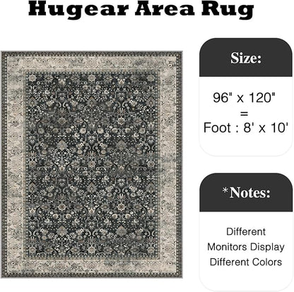 HUGEAR 8x10 Machine Washable Rugs Black Beige Hallway Large Area Rug Indoor Accent Rug Floral Low Pile Carpet Soft Throw Aesthetic Rug Bedroom Living Room Office Dining Room Laundry Room