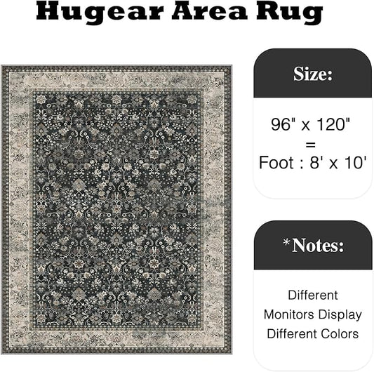 HUGEAR 8x10 Machine Washable Rugs Black Beige Hallway Large Area Rug Indoor Accent Rug Floral Low Pile Carpet Soft Throw Aesthetic Rug Bedroom Living Room Office Dining Room Laundry Room