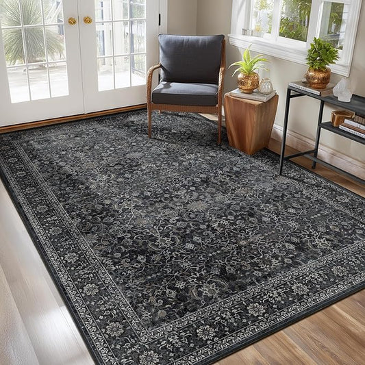Charcoal 5x7 Area Rugs for Living Room Bedroom, Washable Non Slip Low Pile Thin Soft Carpet Rugs for Dining Room/Kitchen/Home Office/Nursery, Vintage Earth Tone Dark Muted Black and Grey Rug