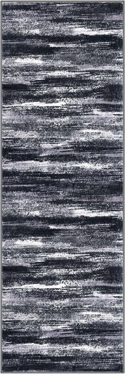 Modern Abstract Runner Rug 2x6, Black Grey Washable Entryway Runner Non-Slip Soft Hallway Rug Runner Thin Print Faux Wool Carpet for Kitchen Bedroom Laundry Room Indoor