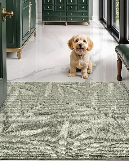 LUMI Front Door Mat Indoor Entrance 24"x36", Low Profile Welcome Mat, Non-Slip Washable Doormat with Rubber Backing for Entrance, Patio, Garage, Green