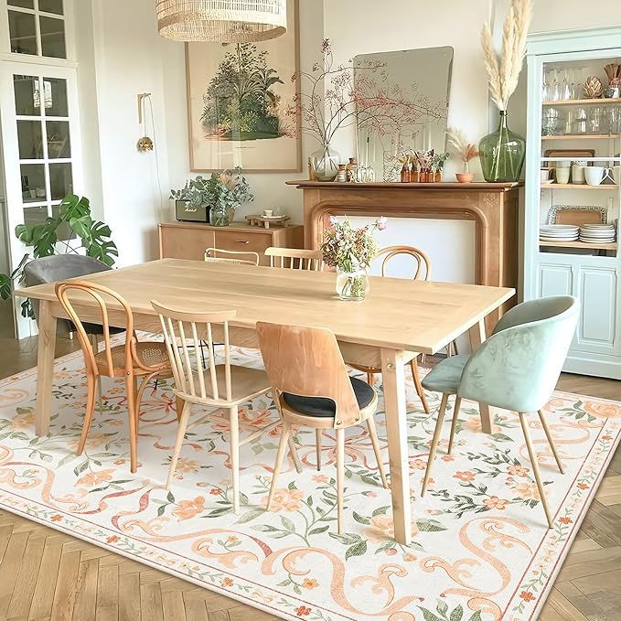 Orange Rug Bow Floral 8x10 Rug, Washable Area Rugs for Bedroom Living Room, Dining Room,Kids Room, Office,Playroom, Boho Modern Aesthetic Farmhouse Decor Non Slip Low Pile Carpet