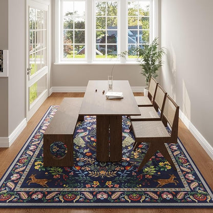 Rugcomf Living Room Rug 6x9 Rug Machine Washable Area Rug Floral Non-Slip Low Pile Large Rug for Living Room, Bedroom, Farmhouse, Dining Room, Kids Playroom(Blue)