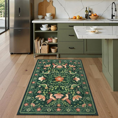 Moynesa 3x5 Kitchen Rug, Modern Cottage Washable Non-Slip Low Pile Area Rug for Bedroom Entryway Entrance Aesthetic,Lightweight Foldable Farmhouse Floral Bird Print Pattern Carpet Retro Home Decor