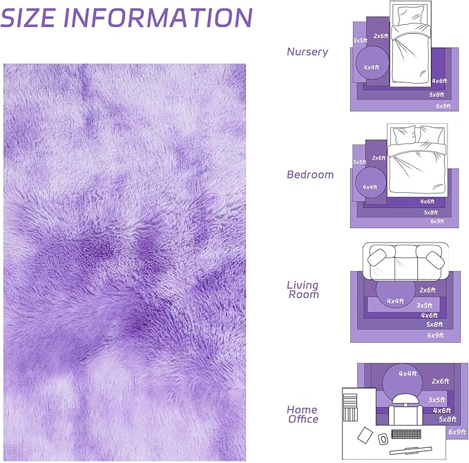 duduta Purple Plush Rugs for Bedroom 4x6 ft, Tie Dye Fluffy Carpet for Living Room, Shag Rug for Kids Room Dorm Nursery Playroom