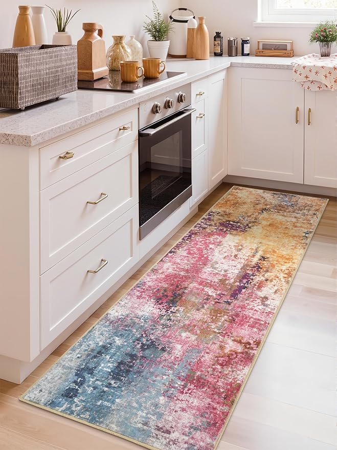 Washable Abstract Runner Rug, 2x6 Modern Area Rugs with Non-Slip Rubber Backed for Kitchen, Thin but Soft Contemporary Carpet Bedroom Entryway Hallway Decor, Galaxy