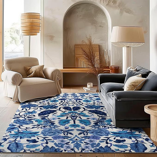 EVERGRACE Area Rugs for Living Room 6x9, Boho Floral Faux Wool Indoor Outdoor Rugs, Washable Rugs for Bedroom Dining Room Entryway Kitchen, Low Pile Floor Mat Carpet for Home Decor, Celtic Blue