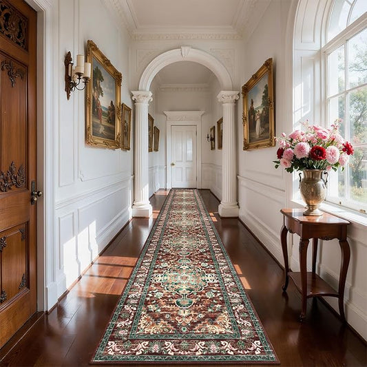 U'Artlines 3' x 20' Boho Hallway Runner Rug, Rust Non Slip Washable Vintage Farmhouse Accent Rug Carpet for Kitchen Entryway Laundry and Living Room (Rust＆Teal)