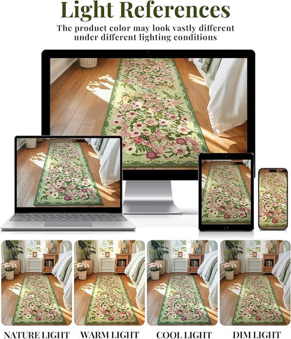 Floral Bedroom Rug - 4x6 Washable Area Rugs Non-Slip Soft Low-Pile Stain Resistant Carpet Flower Print Vintage Indoor Rug for Living Room Dining Room Office Nursery Room, Green