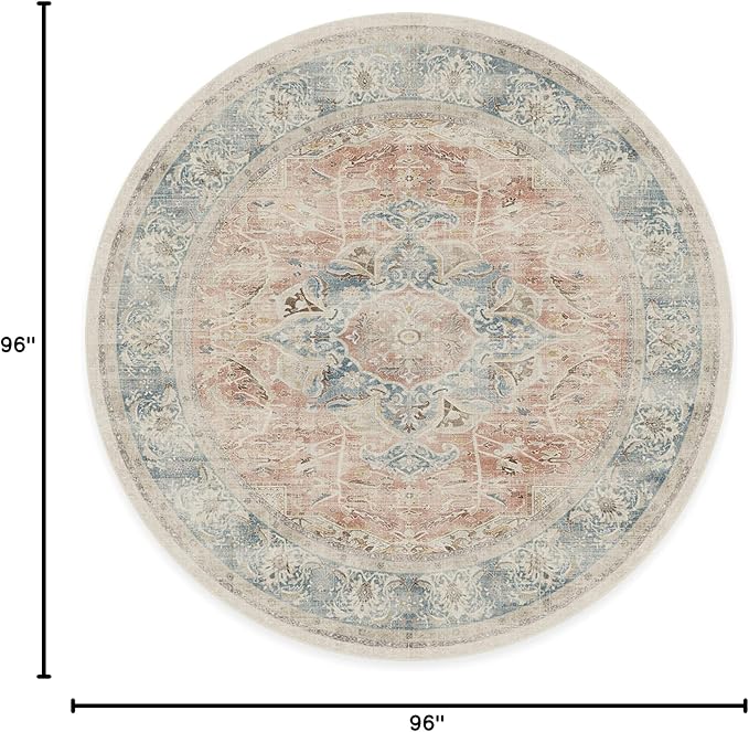 RUGGABLE Washable Vintage Area Rug – Sarrah Coral 8 ft Round, Stain-Resistant, Non-Slip – Large Machine Washable Rugs for Living Room, Bedroom, Hallway, Entryway & Office–with Standard Pad