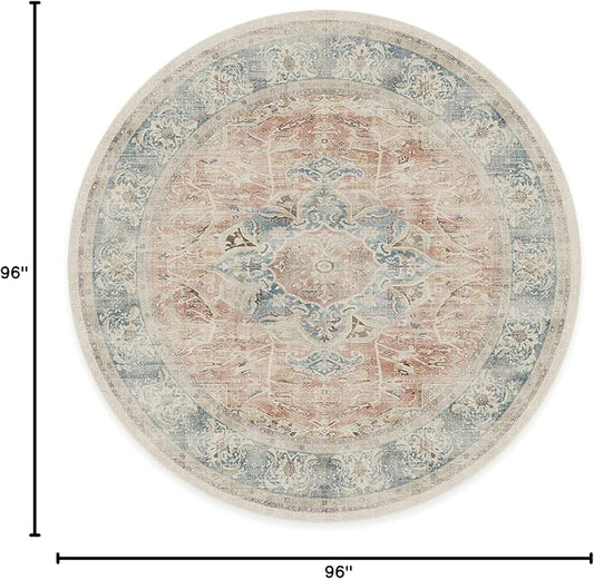 RUGGABLE Washable Vintage Area Rug – Sarrah Coral 8 ft Round, Stain-Resistant, Non-Slip – Large Machine Washable Rugs for Living Room, Bedroom, Hallway, Entryway & Office–with Standard Pad
