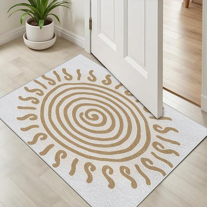 Boho Washable Rugs for Bedroom 7x10, Modern Sun Print Soft Minimalism Area Rug, Non Slip Low Pile Abstract Carpet for Classroom Living Room Decor Dining Room, Beige Yellow