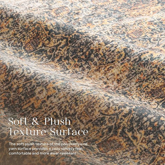 Phantoscope Washable Area Rug 9'x12' Non-Slip, Vintage Neutral Rugs for Living Room, Bedroom, Dining Room, Distressed Boho Floral Medallion Pattern, Low-Pile Foldable Carpet, Brown/Charcoal Spice
