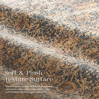Phantoscope Washable Area Rug 9'x12' Non-Slip, Vintage Neutral Rugs for Living Room, Bedroom, Dining Room, Distressed Boho Floral Medallion Pattern, Low-Pile Foldable Carpet, Brown/Charcoal Spice