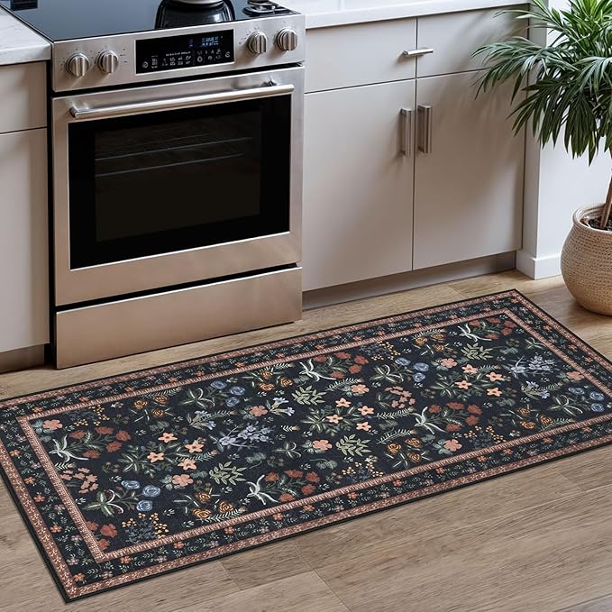 Boho 2x5 Runner, Black Navy Floral Washable Hallway Runner, Non-Slip Kitchen Runner, Super Thin Printed Faux Wool Soft Carpet for Entryway, Front Door, Backdoor, Bedside