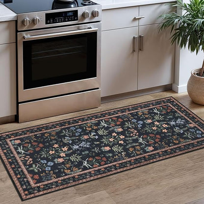 Boho 2x5 Runner, Black Navy Floral Washable Hallway Runner, Non-Slip Kitchen Runner, Super Thin Printed Faux Wool Soft Carpet for Entryway, Front Door, Backdoor, Bedside