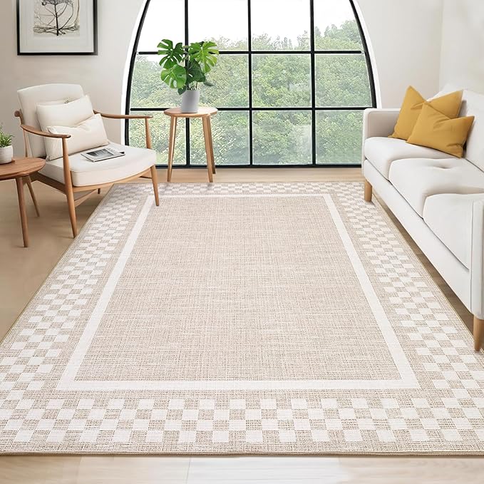 GarveeHome Washable Area Rug 4x6 Small Living Room Rugs Modern Bordered Soft Dining Room Throw Carpet Low Pile Non Slip Checkered Bedroom Rug Geometric Carpet for Nursery Kitchen Home Office, Beige
