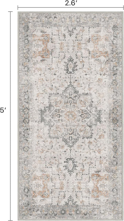 Runner Rug 2'6''x5 Non Slip Machine Washable Vintage Hallway Runner Rug, Low Pile Lightweight Rugs for Entryway, Hallway, Kitchen and Corridor, Light Taupe Brown