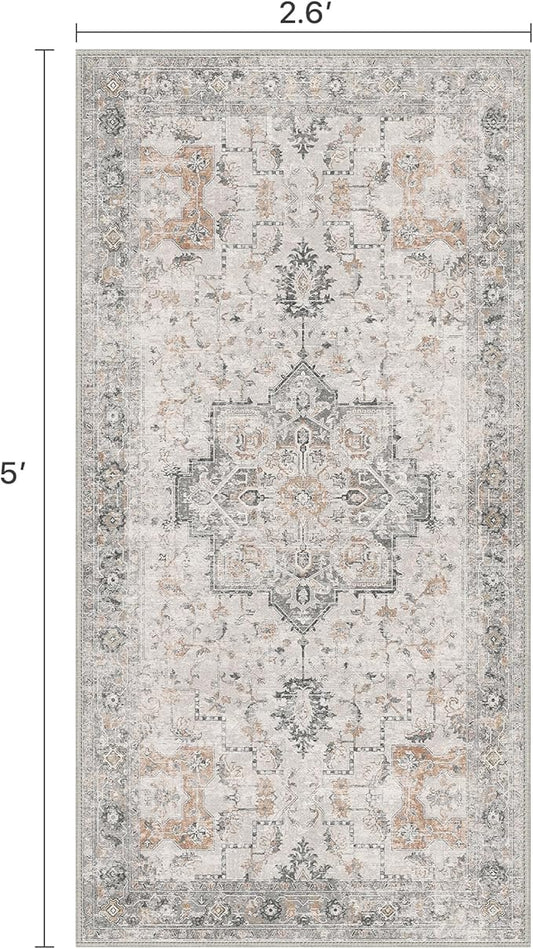 Runner Rug 2'6''x5 Non Slip Machine Washable Vintage Hallway Runner Rug, Low Pile Lightweight Rugs for Entryway, Hallway, Kitchen and Corridor, Light Taupe Brown