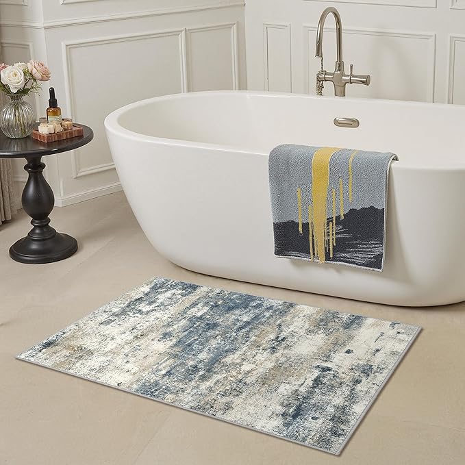 GENIMO 2x3 Rugs for Entryway, Washable Bathroom Kitchen Rugs Non Slip, Modern Abstract Soft Small Area Rug Indoor, Low Pile Throw Carpet, Navy Blue