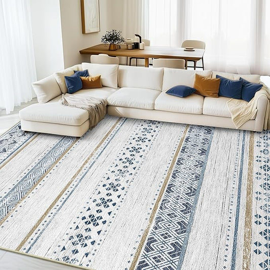 BESTSWEETIE 9x12 Area Rugs for Living Room Washable Moroccan Farmhouse Neutral Geometric Low Pile Non-Slip Soft Print Pattern Rug for Bedroom Kitchen Dining Room Entryway Blue/Brown