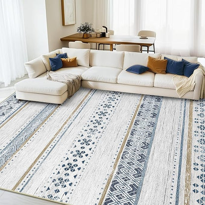 BESTSWEETIE 4x6 Area Rugs for Living Room Washable Moroccan Farmhouse Neutral Geometric Low Pile Non-Slip Soft Print Pattern Rug for Bedroom Kitchen Dining Room Entryway Blue/Brown
